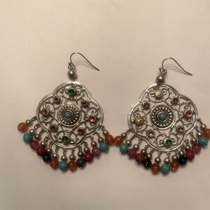 Silvertone Bohemian looking multicolored dangling pierced earrings